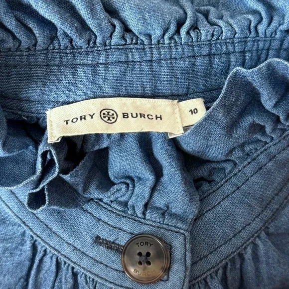 TORY BURCH Linen Cotton Chambray Ruffle High Neck Long Sleeve Pocket Blouse 10‎ - Picture 7 of 11